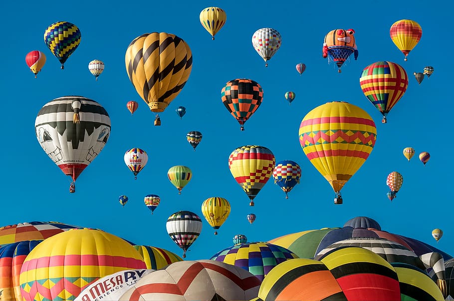 quente, balões de ar, voando, céu, diurno, ar, balão, festival, balão de ar quente, nuvens