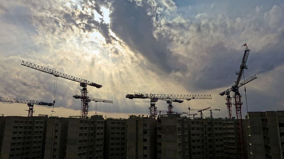 sunlight, clouds, city, construction, site, cranes, building construction, architecture, building, heavy equipment