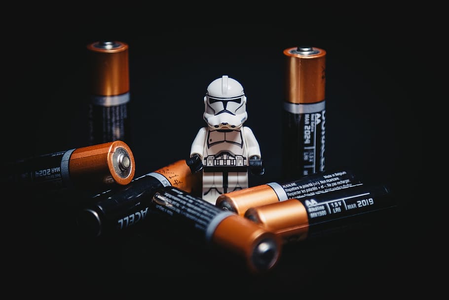 batteries, battery, power, star wars, storm trooper, lego, black background, weapon, human representation, gun