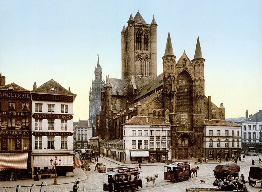 brown concrete church, church, saint nicholas, ghent, belgium, tram, photochrom, 1900, building exterior, architecture