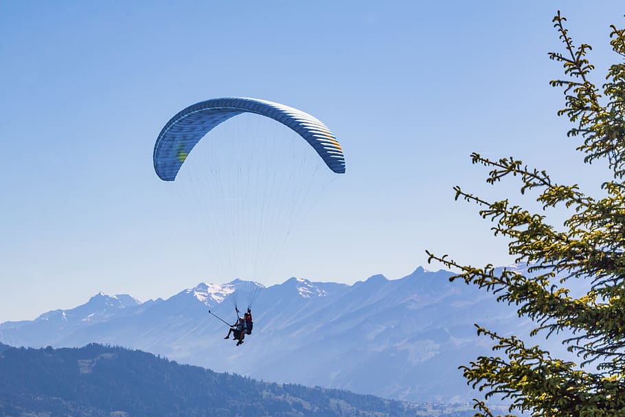 two person paragliding, Paraglider, Tandem, Gliders, Glider, tandem gliders, sailor, glide glider, mountains, switzerland