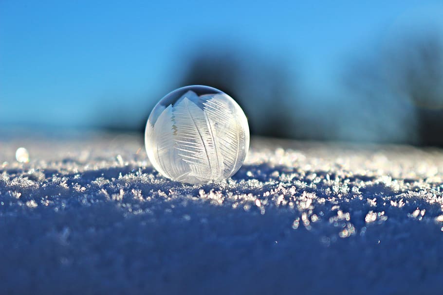 shallow, focus photography, frozen, water droplet, round, clear, glass, paperweight, soap bubble, bubble