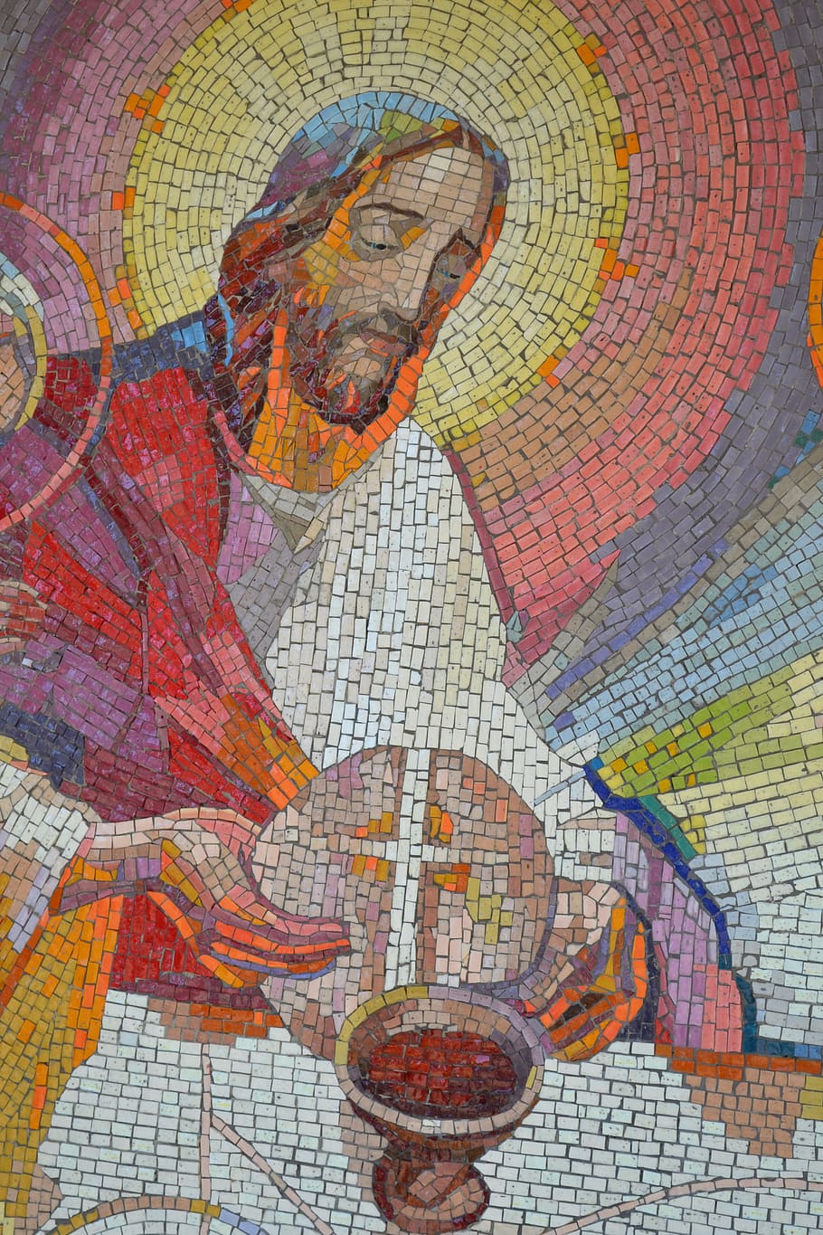 mosaic, supper, jesus, bread, wine, halo, faith, cup, symbolism, eucharist