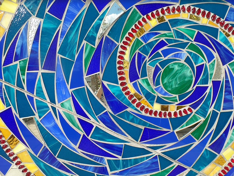 azul, amarillo, verde, fondo de pantalla en espiral, mosaico, vidrio, arte, textura, colorido, geométrico