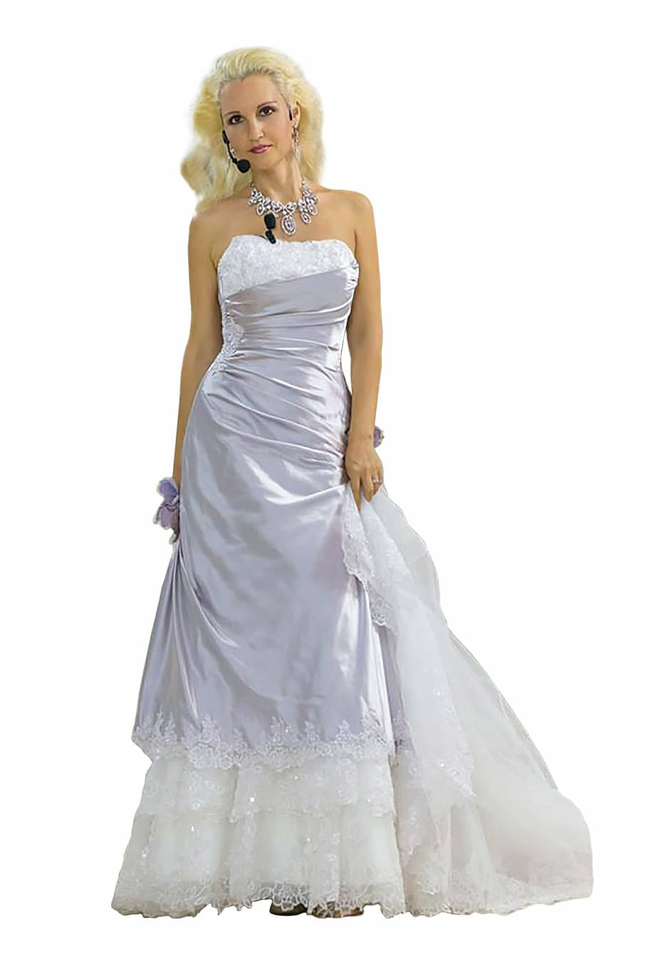 woman, wearing, white, strapless wedding gown, silver-colored necklace, dress, wedding dress, posture, training, coach