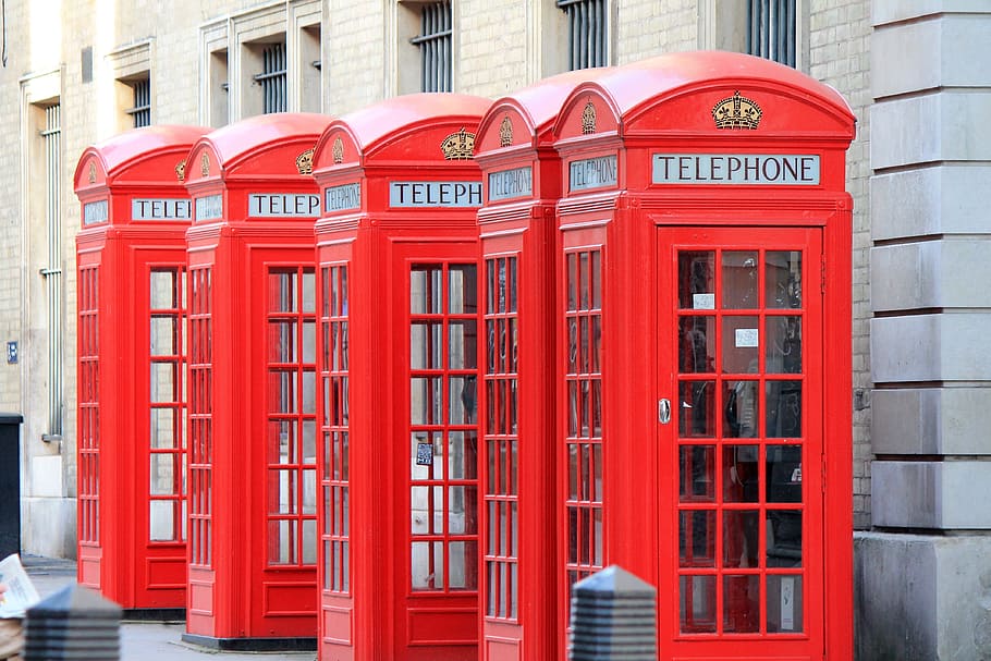 four telephone booths, telephone booths, phone, london, england, famous, urban, historian, red, telephone booth