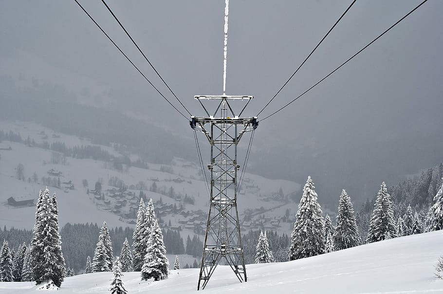 snow, winter, cold, mountain, masts, cable car, snowy, ice, frost, frozen