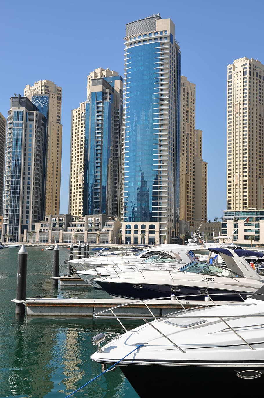 bowrider boats, docks, buildings, distance, dubai, high rise, uae, architecture, united arab emirates, dubai marina