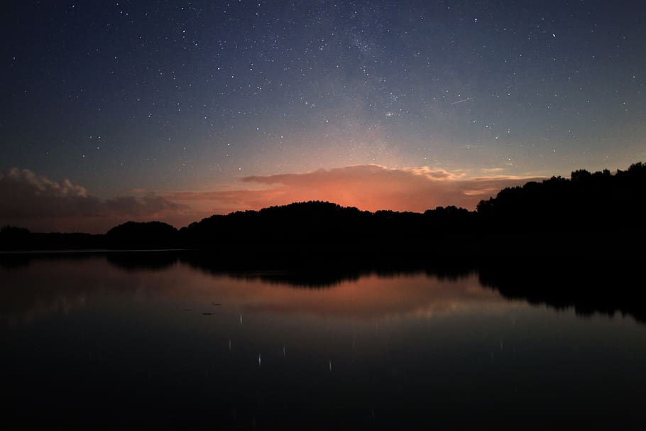 lake, water, mountain, valley, liquid, sky, clouds, space, stars, shooting star