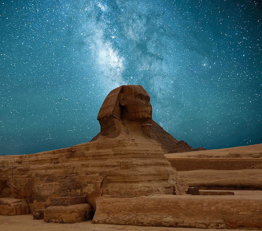 great, sphinx, giza, egypt, star, night sky, pyramids, starry sky, sky, mood
