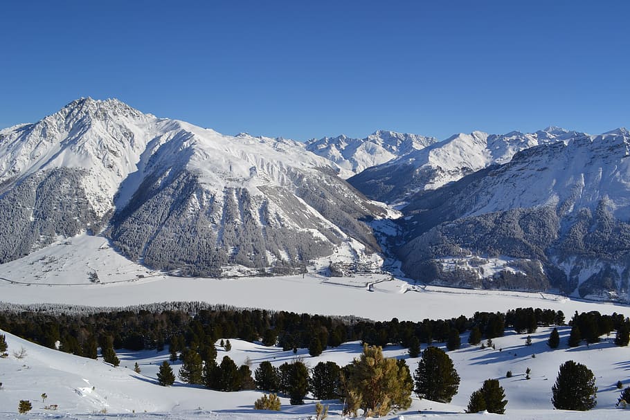 Invierno, Tirol del Sur, Crujiente, Reschensee, lago, alpino, montaña, paisaje, cielo, azul