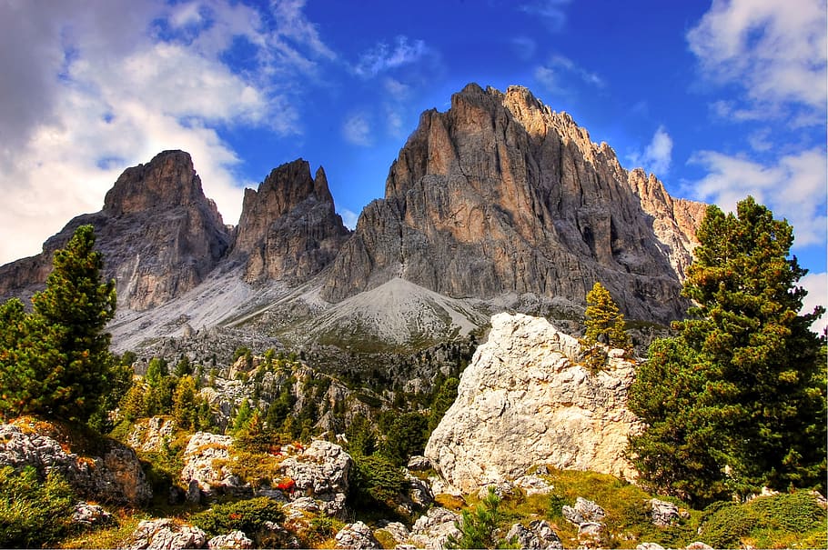 brown, mountain, green, trees, white, clouds, blue, sky, daytime, dolomites