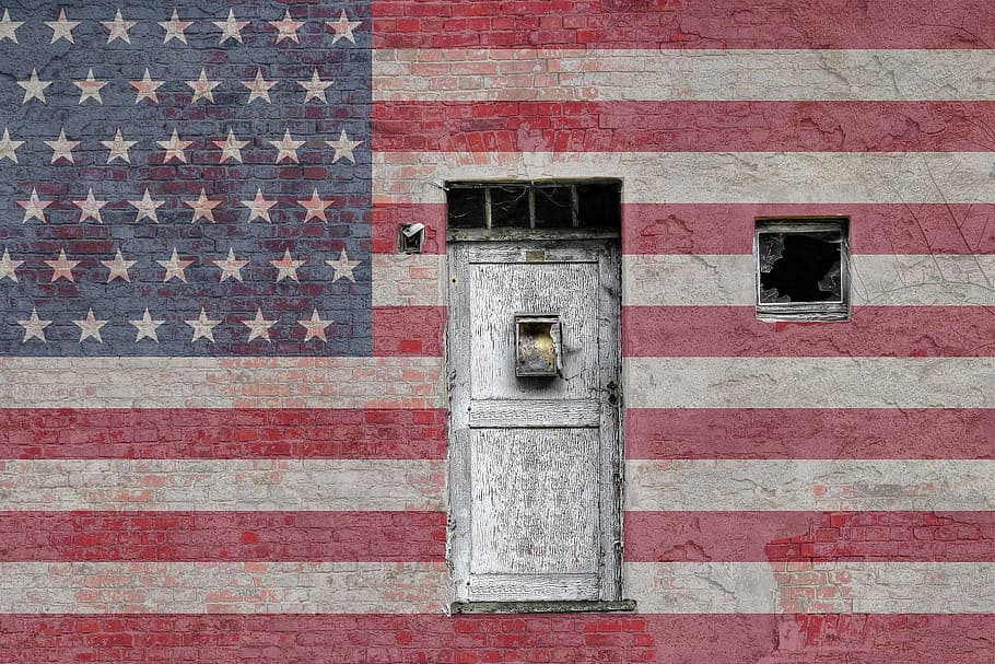 red, blue, flag, u.s.a., american, door, vintage, bricks, wall, american flag