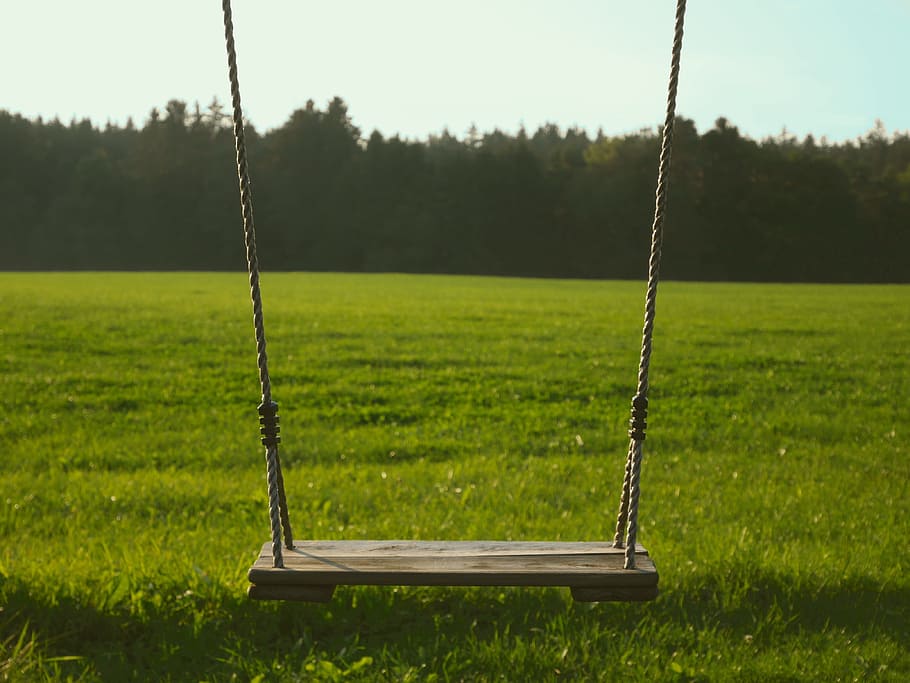 brown wooden swing, swing, grass, leisure, summer, green, nature, play, outdoors, recreation