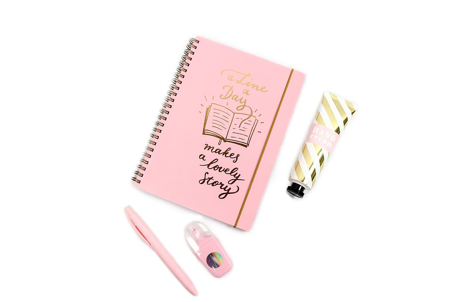 pink, book, click pen, notebook, diary, leave, write down, notes, booklet, pen