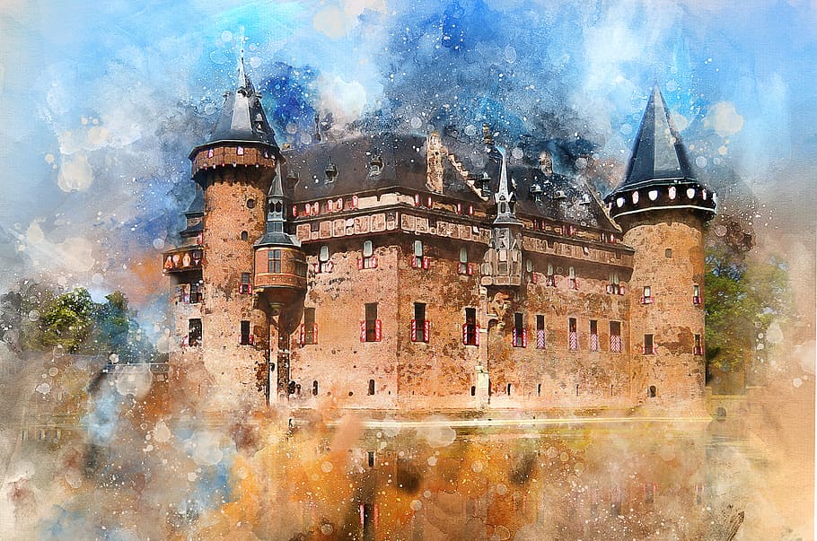brown castle painting, castle, forest, riddle, sky, summer, travel, tourism, history, nature