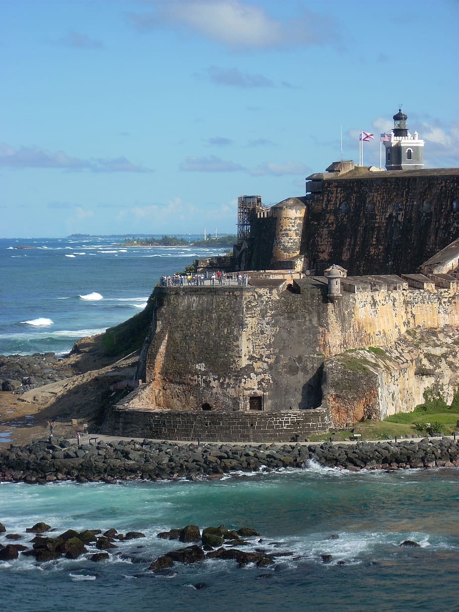 abu-abu, putih, mercusuar, air samudra, siang hari, Tembok Batu, Puerto Riko, Arsitektur, san juan tua, samudra
