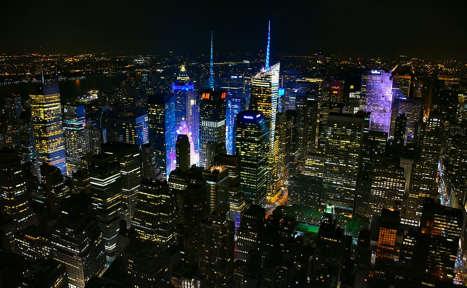 edificios, luces, convertido, noche, nueva york, manhattan, estados unidos, rascacielos, edificio, ver