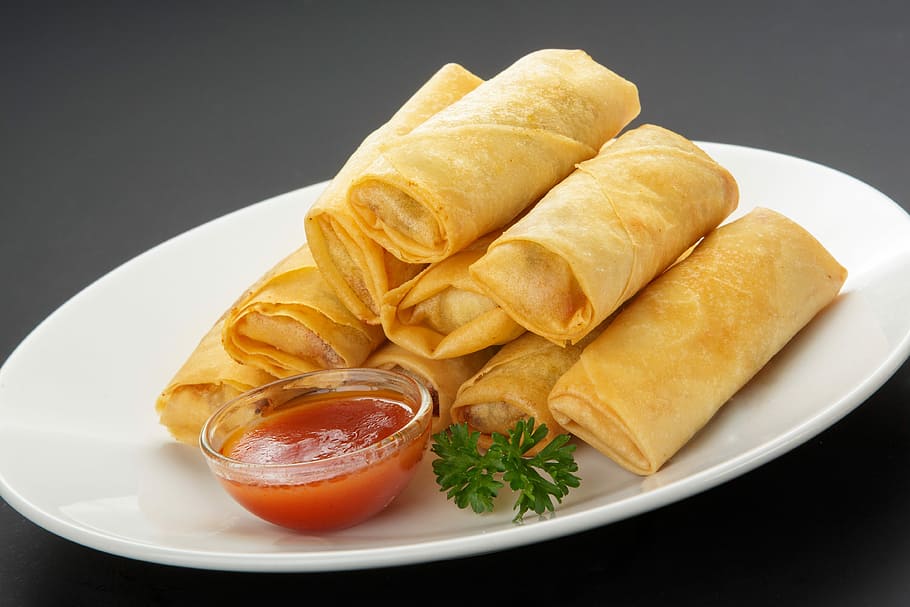spring rolls, plate, food, refreshment, meal, breakfast, spring roll, food and drink, studio shot, freshness