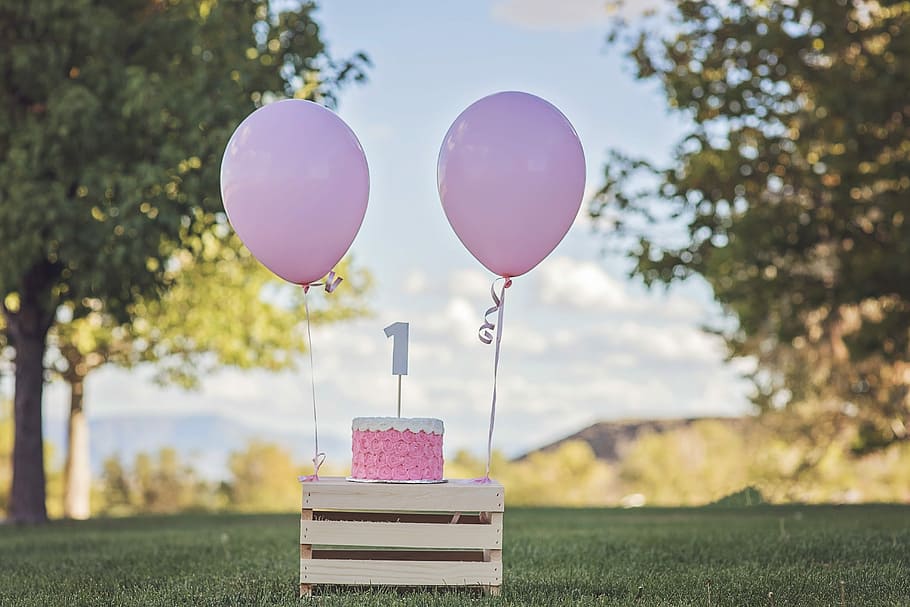 pink, cake, balloons, wooden, table, daytime, Happy Birthday, Birthday, Cake, birthday, cake smash