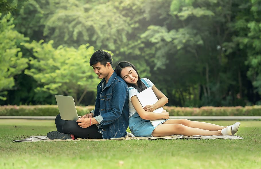 couples, sitting, green, brown, textile, grass field, fatigued, young, laptop, beautiful