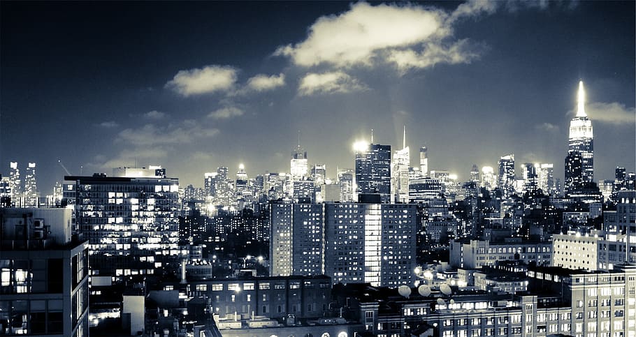 gray, white, buildings, cloudy, sky, new york, skyline, night, city, urban
