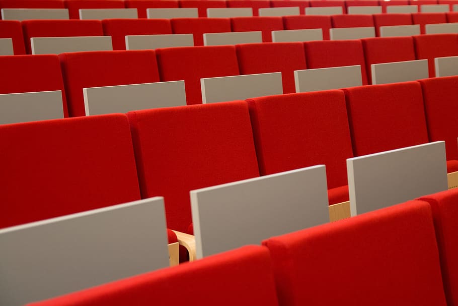 empty, red, gray, seats, room, lecture hall, assembly hall, audience, lectures, school
