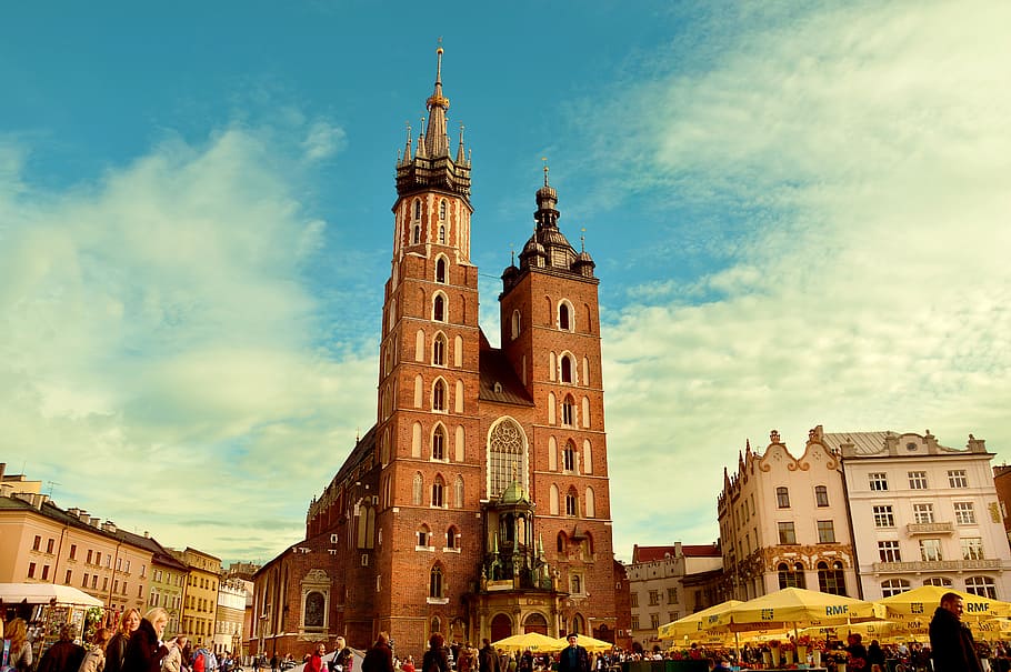 people, brown, cathedral, daytime, city, buildings, church, poland, square, cracow