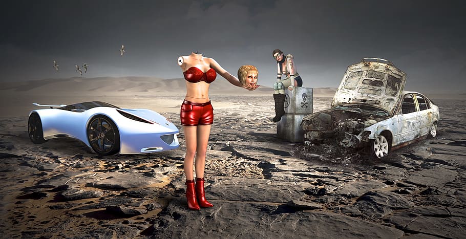 woman, standing, middle, field, surrounded, two, cars background, fantasy, auto, broken