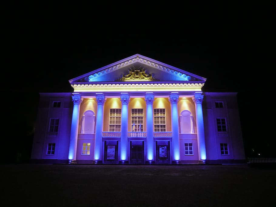 theatre, night, the façade of the, baroque, architecture, famous Place, illuminated, building Exterior, built Structure, building