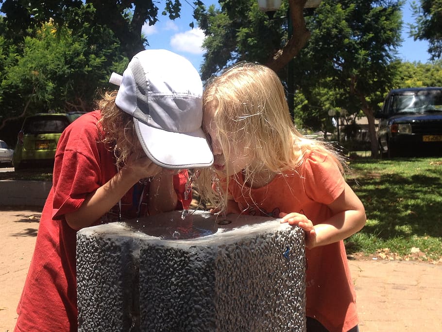 two, girls, washing, face, gray, water fountain, children, drinking, refreshing, water