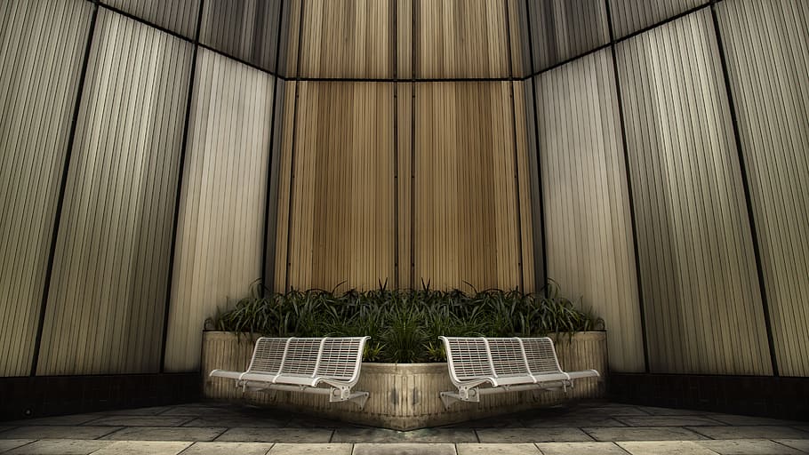 landscape photography, gang chairs, placed, plants, bench, design, modern, architecture, contemporary, decoration