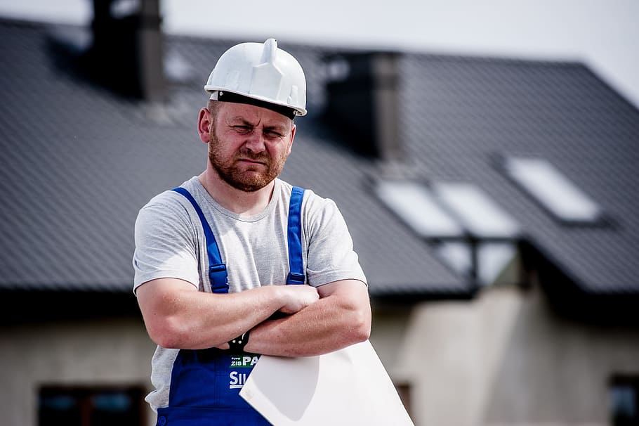 selective, focus, photographed, man, wearing, white, safety helmet, building, professional, employee