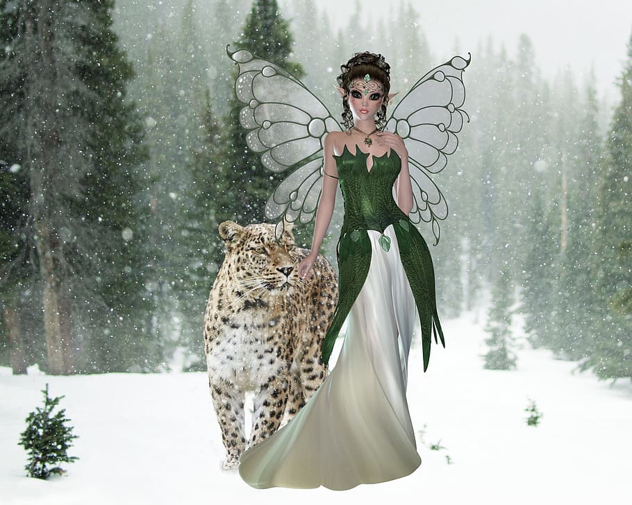 妖精, 横に, ヒョウのイラスト, 冬, 美しい, 自然, ヒョウ, 雪, アート, 寒さ
