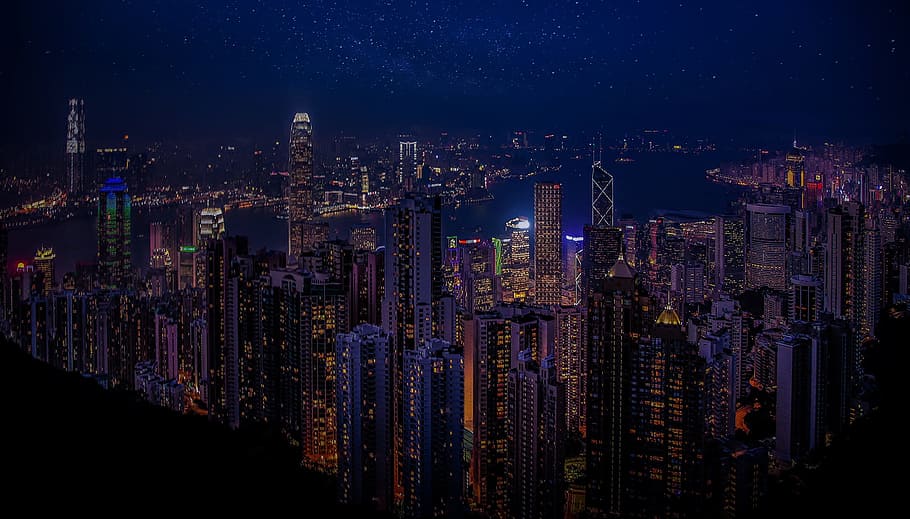 foto, ciudad, durante el día, hong kong, china, puerto, rascacielos, noche, ciudad de noche, exterior del edificio