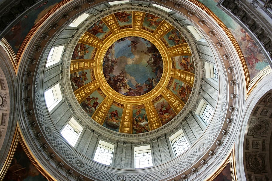 dome, invalides, paris, tomb of napoleon, architecture, built structure, building exterior, low angle view, ceiling, religion