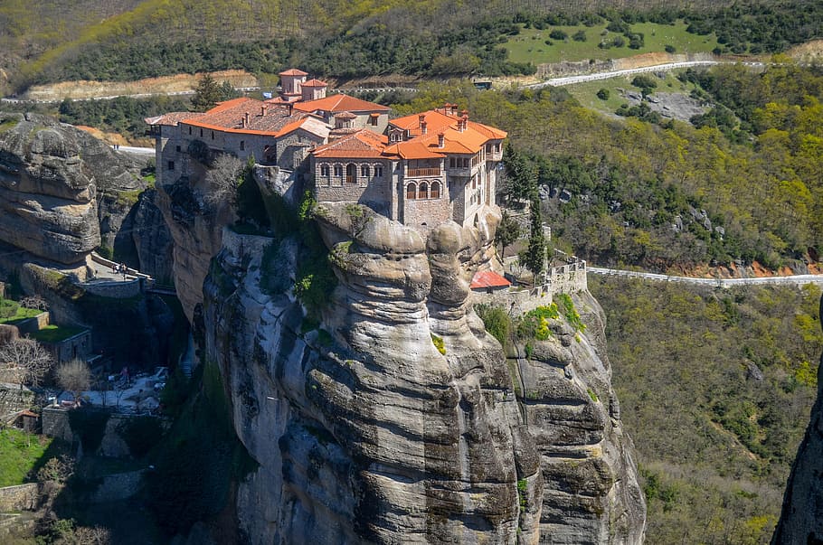 gris, naranja, mansión, arriba, montaña, meteorito, grecia, monasterio, naturaleza, paisaje