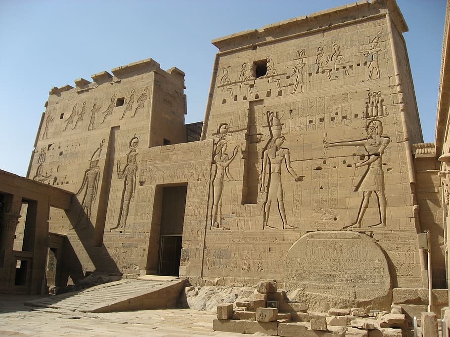 temple of isis, philae island, egypt, nile, river, temple, ruins, ancient, blue sky, pharaoh