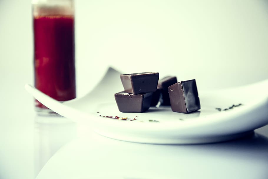chocolate cubes, served, plate, square, white, ceramic, chocolate, bars, food, cubes