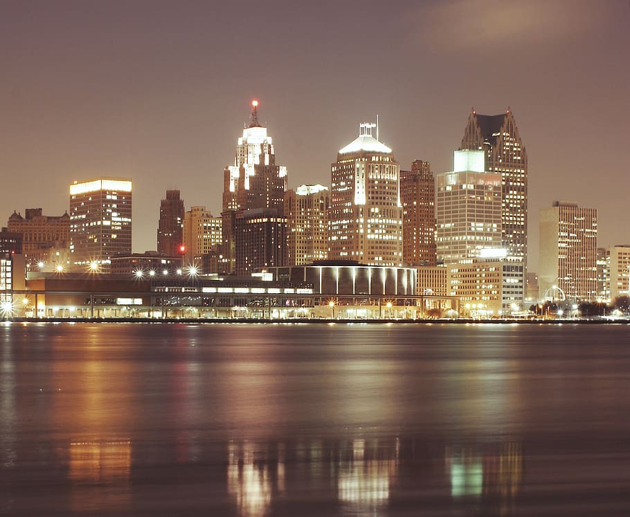 detroit, city, downtown, buildings, towers, rooftops, skyline, view, water, lights
