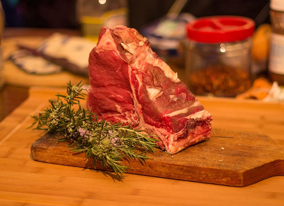 raw, meat, chopping, board, steak, rib, wood, rosemary, fiorentina, kitchen