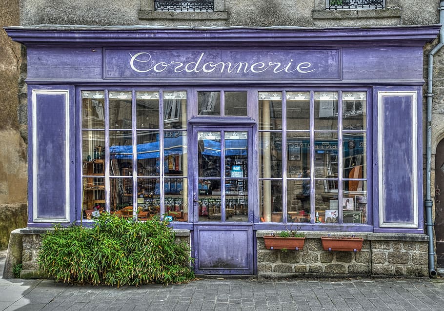 purple cordonnerie painting, purple, painting, shoe repair, shop, store, guérande, former, shoemaker, window