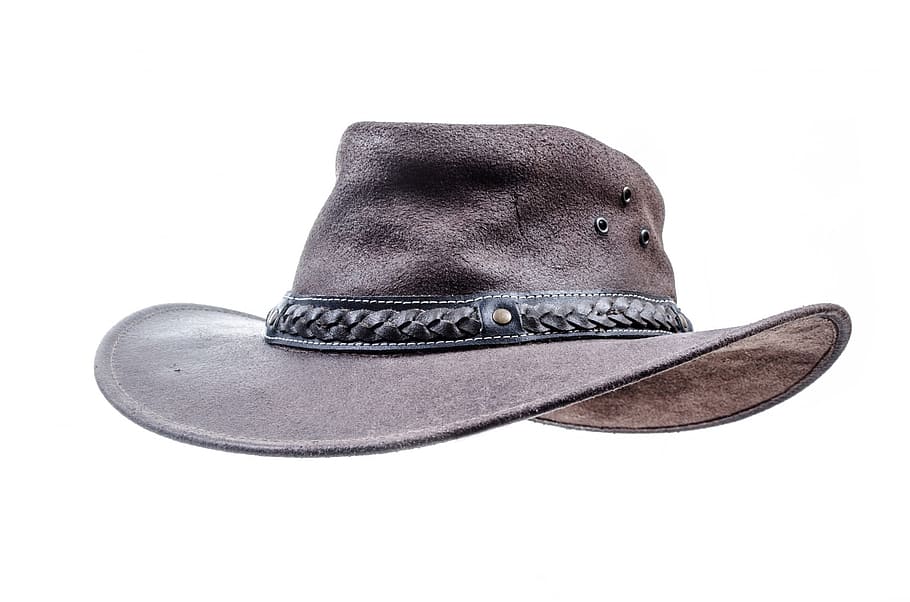 brown, white, background, black hat, hat, cowboy, leather, close-up, isolated, clothing