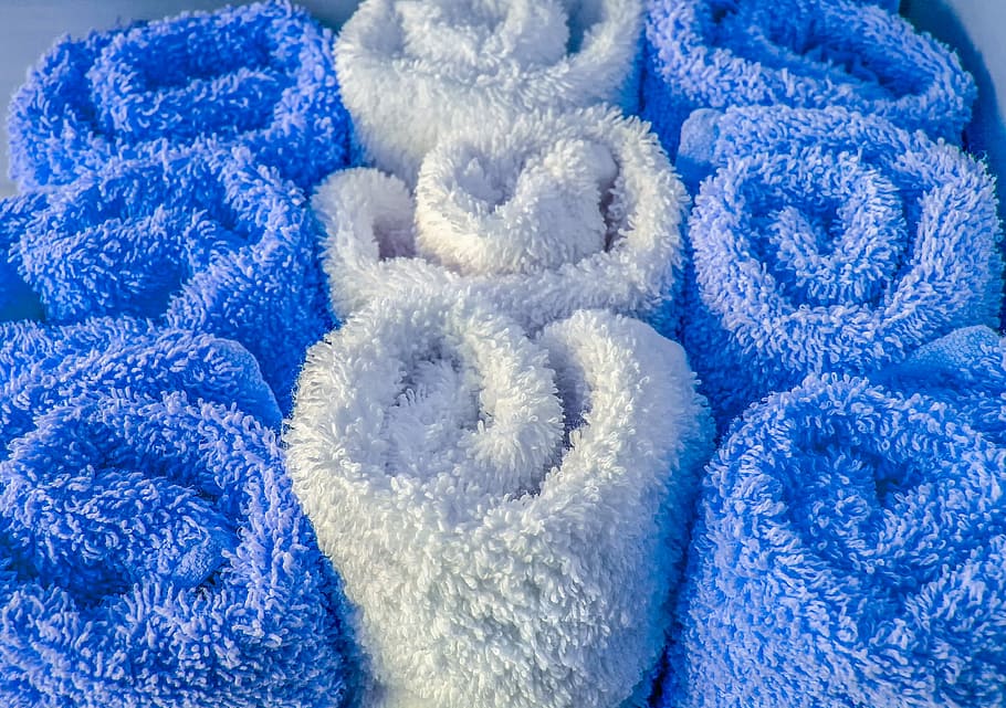 blanco, azul, lote de toallas, lana, esponjoso, toalla, algodón, patrón, enrollado, suave