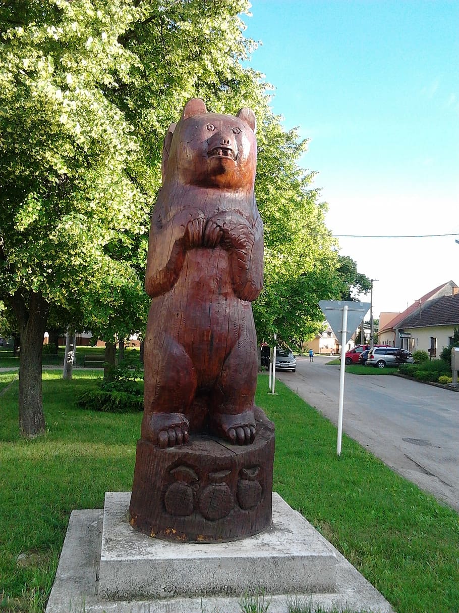 slovakia, piešťany, bear, village, statue, sculpture, art and craft, representation, plant, architecture