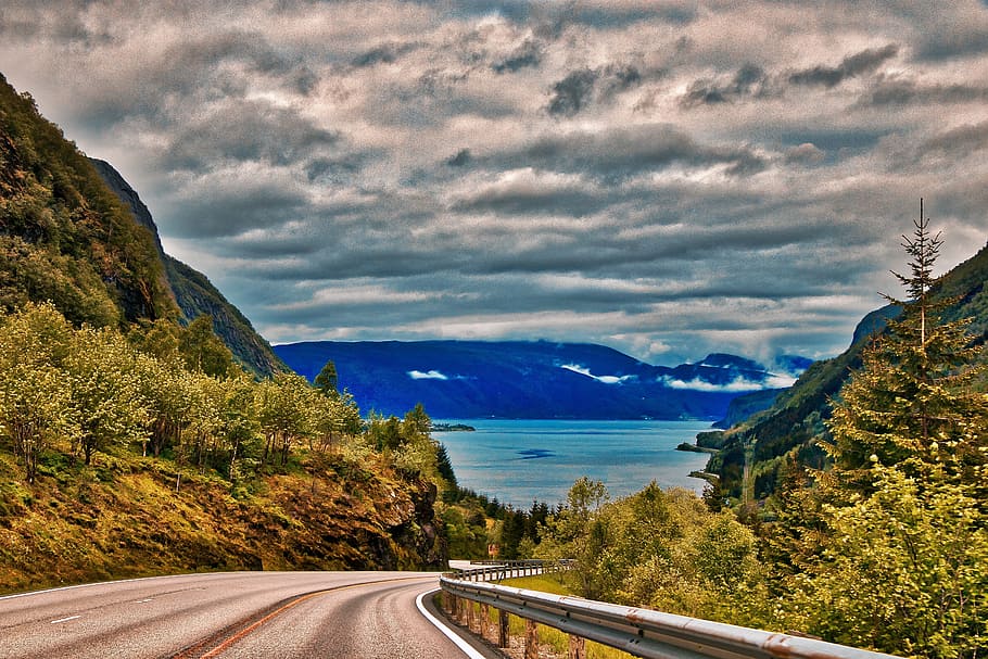 風景, ノルウェー, 自然, ビュー, 山, 岩, 雲, 空, 海, 水