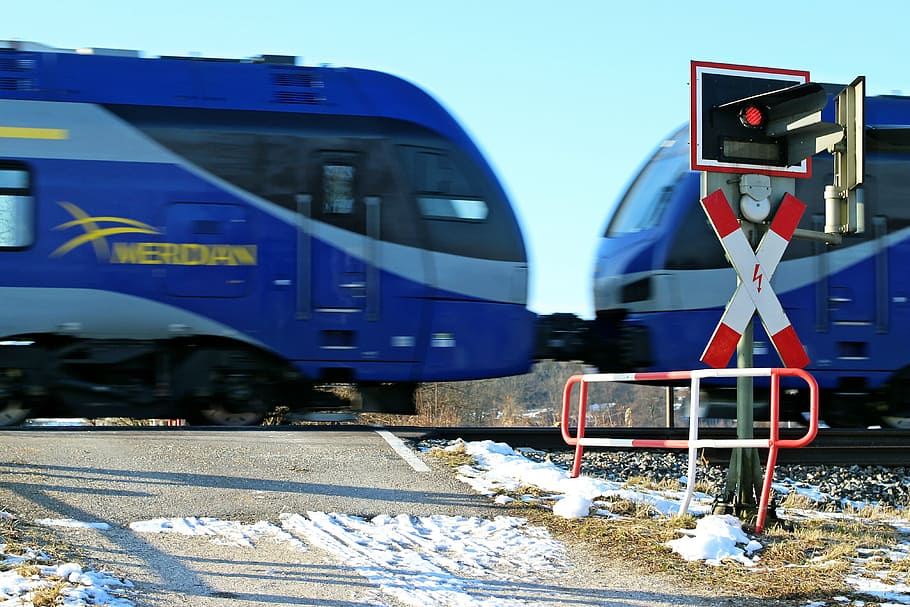 train, level crossing, rail traffic, andreaskreuz, traffic sign, road sign, street sign, warning, attention, note
