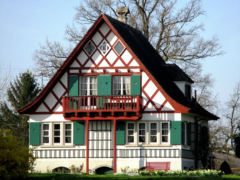 truss, fachwerkhaus, home, idyllic, wood balcony, weiherhuesli, spring flowers, brickyard pond, amriswil, thurgau