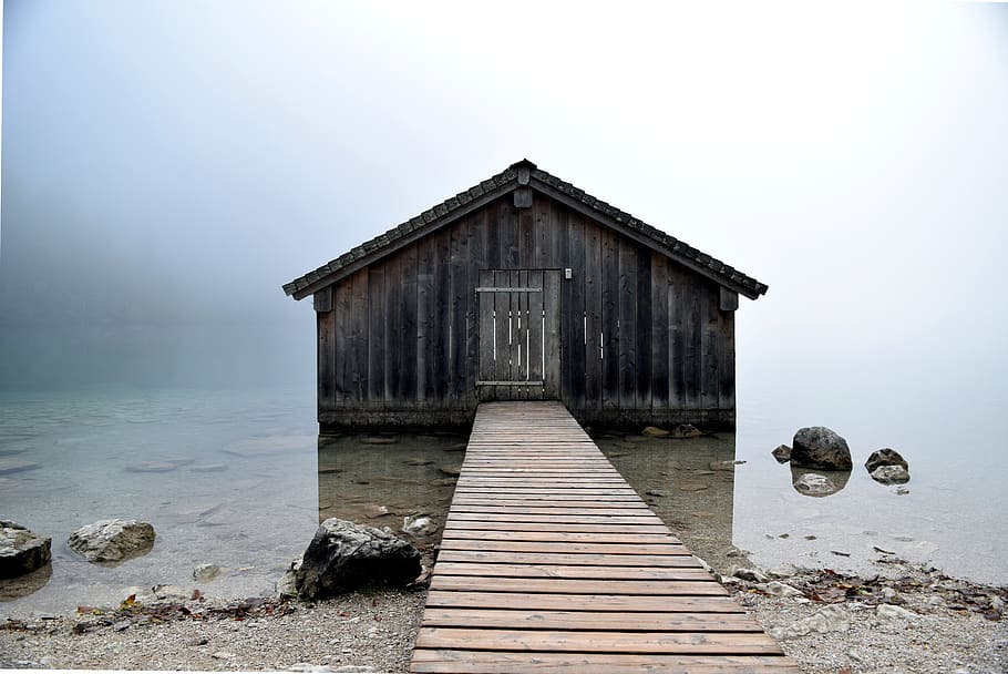 bergsee, water, hut, fog, stones, mystical, nature, lake, landscape, sky
