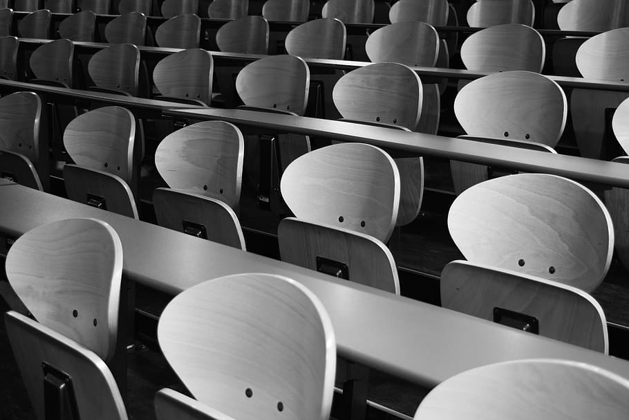 grayscale photography, chairs, sit, architecture, amphitheater, school, studies, students, in a row, large group of objects